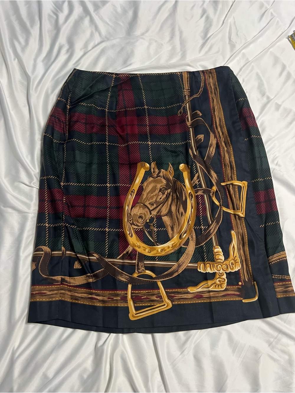 Brooks Brothers Equestrian Plaid Pencil Skirt in Dark Green, Burgundy & Gold